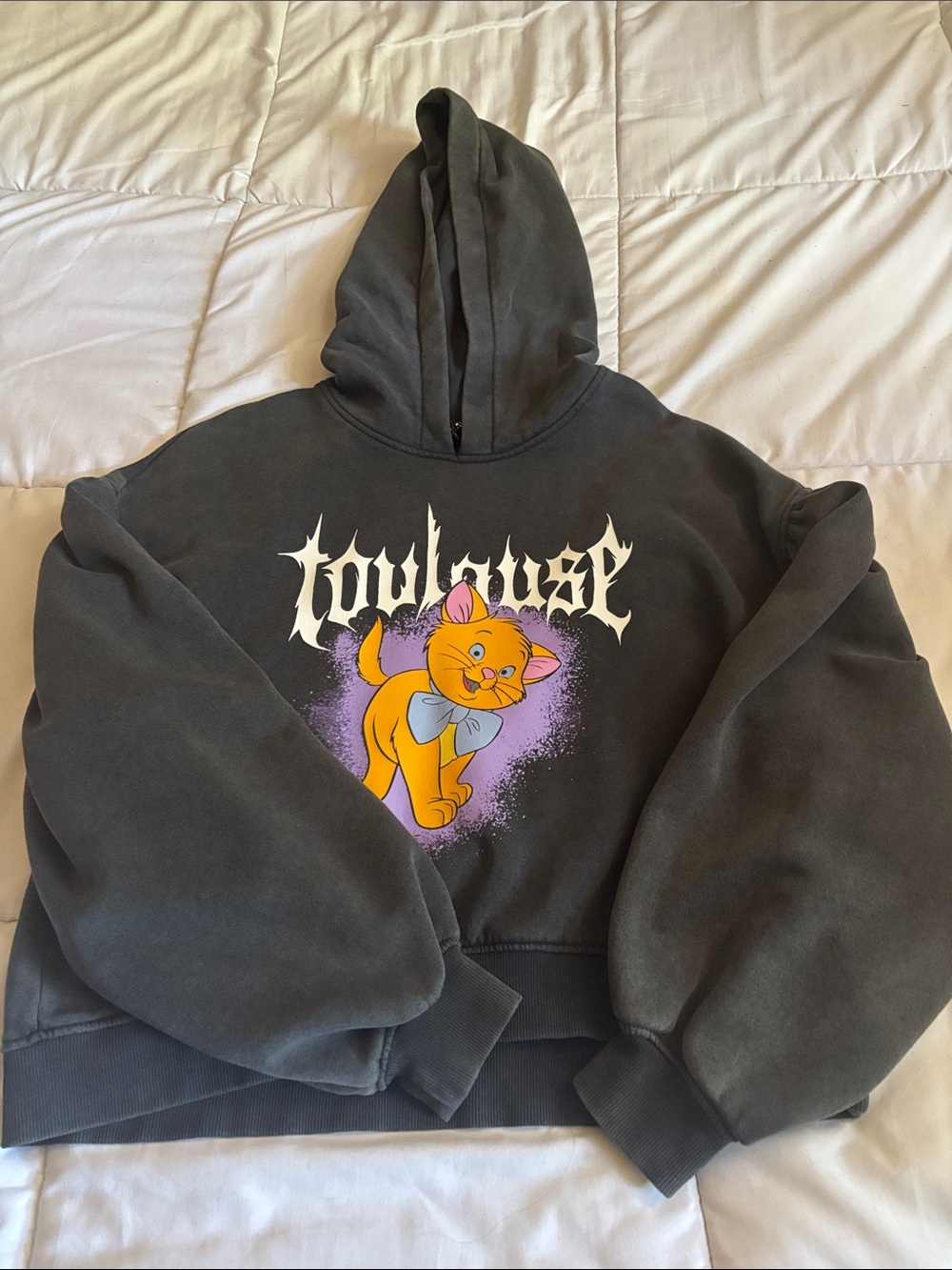 Divided Charcoal Hoodie with Orange Cat Graphic and Purple Accent